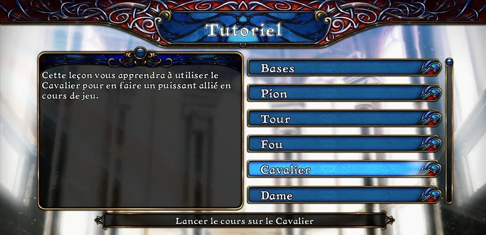 Menu du tutoriel pour apprendre à jouer aux échecs de Battle Vs Chess en français