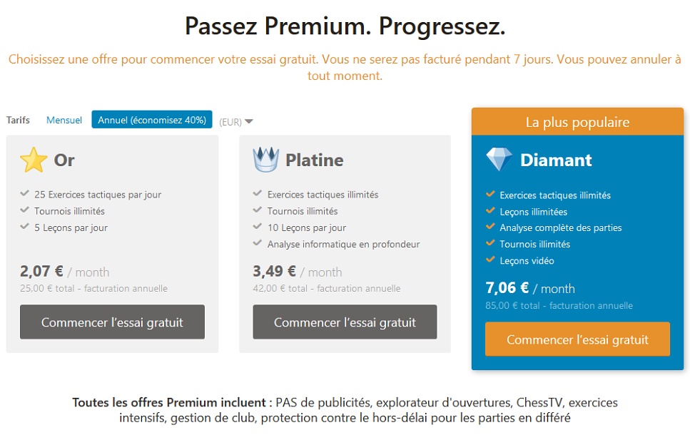 Les tarifs annuel des abonnements de Chess.com avec 40% d'économie sur l'année